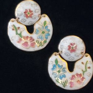 Vintage Pastel Floral White Cloisonne Doorknocker Earrings Pierced